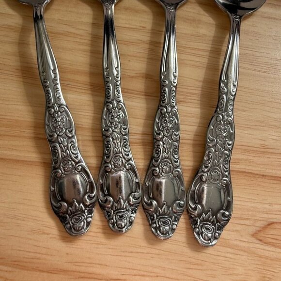 Vtg International INS154 Teaspoons Set Of 4 Solid Roses Stainless Steel Flatware - Picture 3 of 11